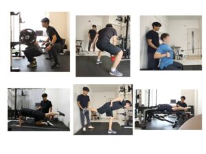 名古屋市金山のパーソナルジム「ただたん」のトレーナーが、お客様にバーベル、ケーブル、自重トレーニングなど複数の器具と方法を組み合わせた指導を行っている様子。