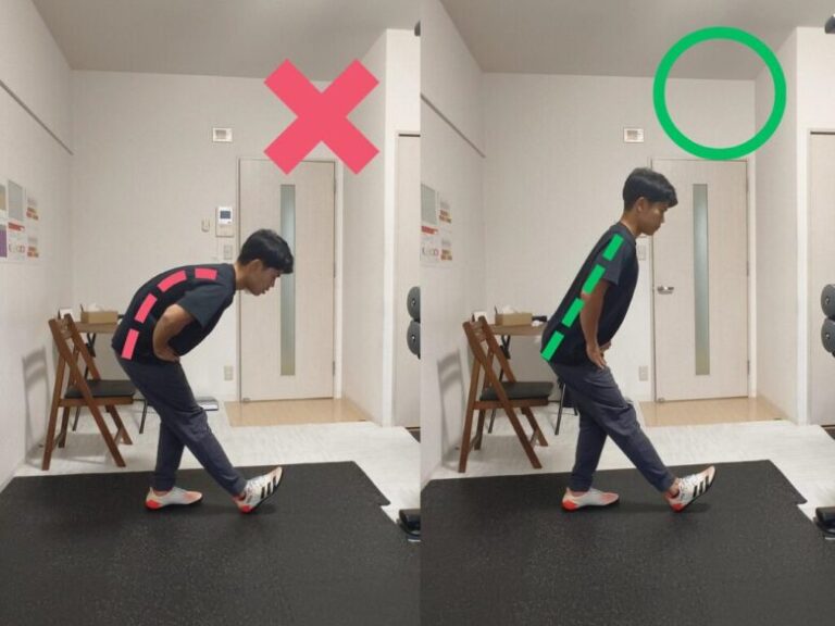 ただたんパーソナルジム金山のトレーナーによる、ももうら(ハムストリングス)ストレッチの正しいフォーム(腰がまっすぐ)と間違ったフォーム(腰が丸い)の比較画像。運動初心者も安心の個別指導。