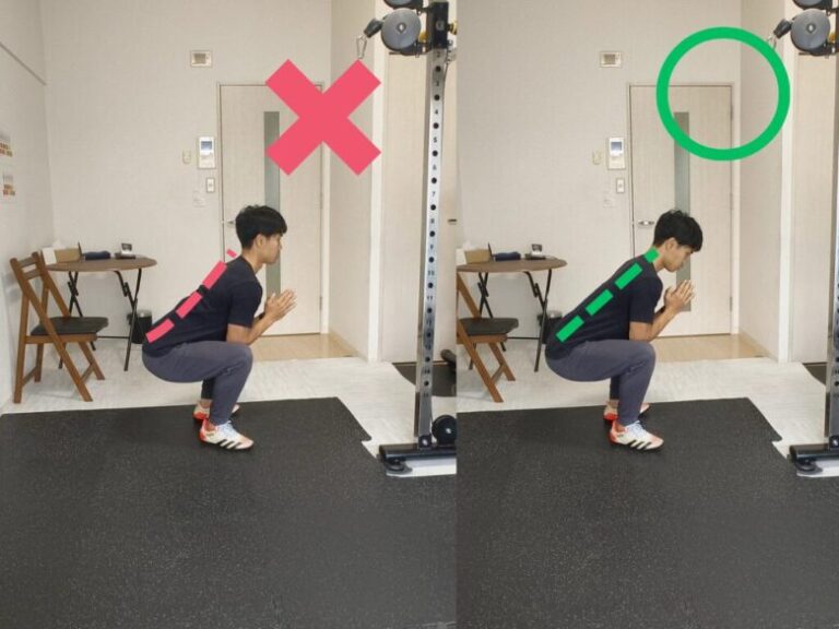 ただたんパーソナルジム金山のトレーナーによる、スクワットの正しいフォーム(腰がまっすぐ)と間違ったフォーム(腰が反っている)の比較画像。運動初心者のためのフォーム指導。