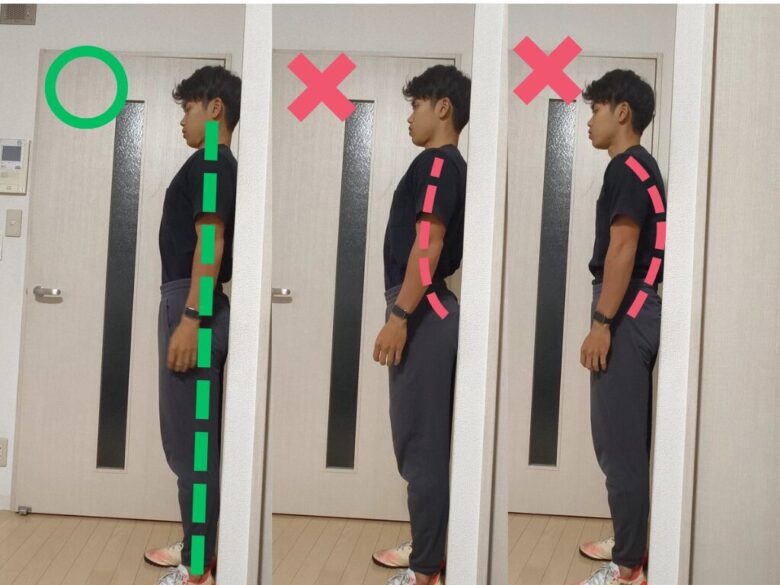 パーソナルジム金山のトレーナーが示す、壁を背にした姿勢の比較。左：理想的な正しい姿勢（緑の直線）、中央：反り腰、右：猫背（どちらも赤の曲線）。