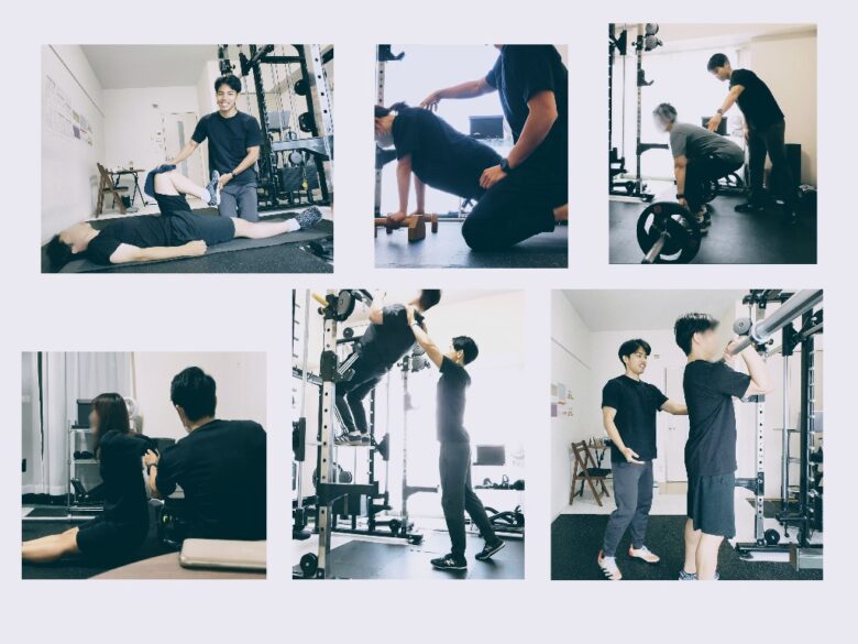 トレーナーによるペアストレッチや、懸垂・デッドリフトの動作をサポートするパーソナルトレーニング風景。