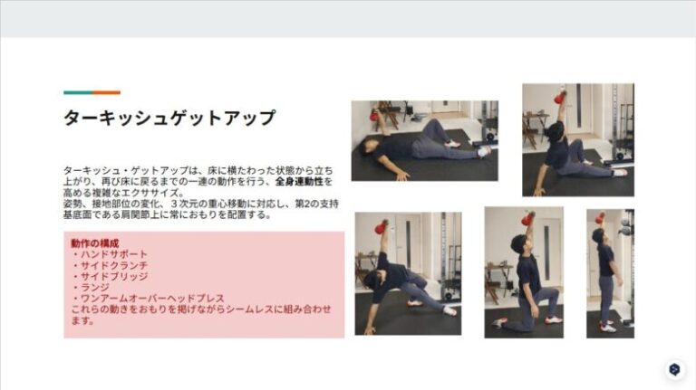 金山のパーソナルジム代表が作成したセミナー資料。ターキッシュゲットアップの動作をハンドサポート、サイドクランチ、サイドブリッジ、ランジ、ワンアームオーバーヘッドプレスと論理的に分解して解説しているスライド。