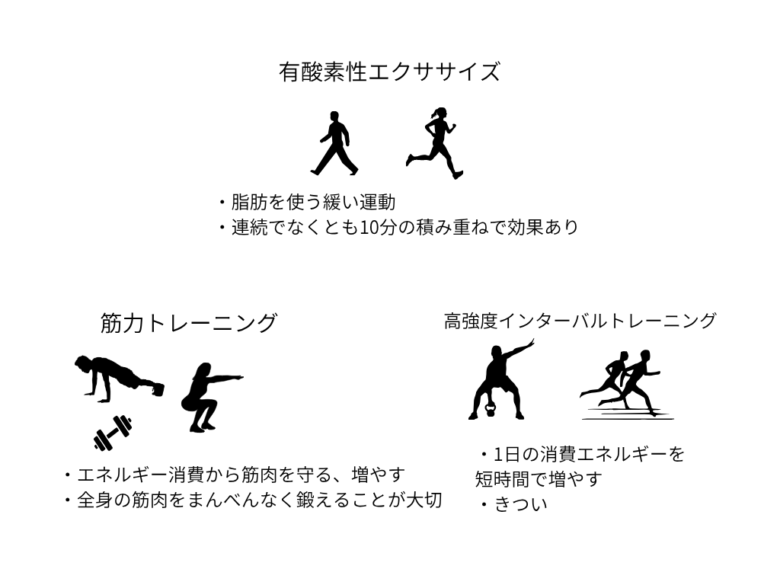 有酸素性エクササイズ（脂肪燃焼）、筋力トレーニング（筋肉維持・増加）、高強度インターバルトレーニング（HIIT・短時間でのエネルギー消費）の3つの特徴と効果を比較した解説図。